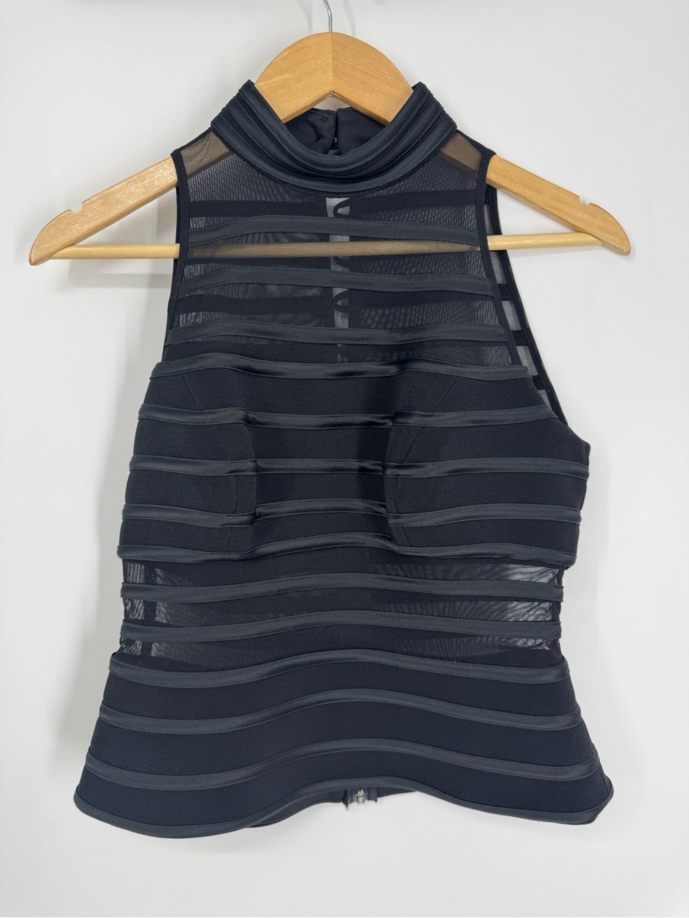 Vintage Cache Black Sheer Striped Mesh High Neck Peplum Top Blouse Size 6 - Picture 2 of 8